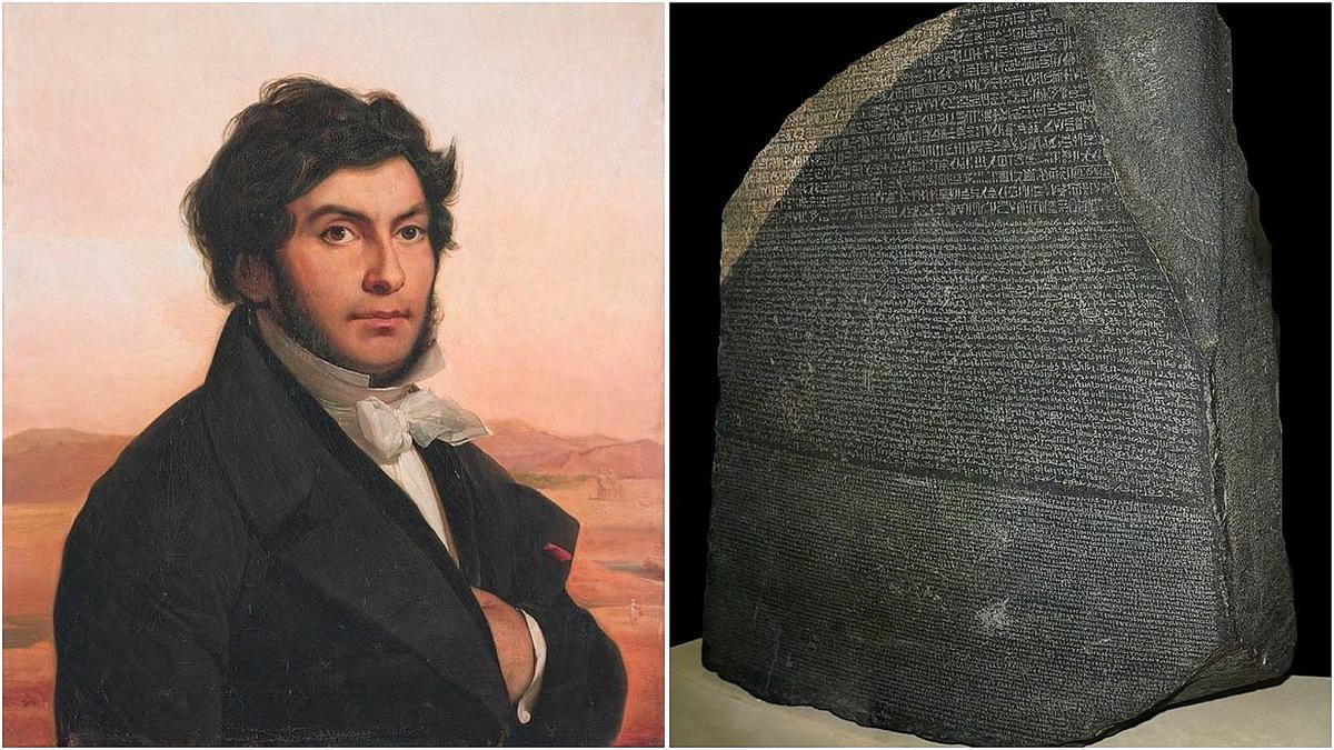 Champollion, retratado por Léon Cogniet. Y la piedra de Rosetta, que se conserva en el British Museum.