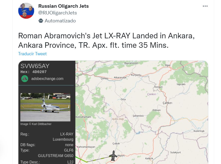 Imagen de la cuenta de Twitter que rastrea los aviones de los oligarcas rusos