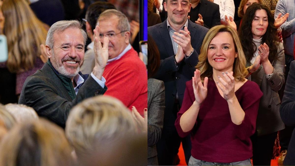 Los candidatos del PP, Jorge Azcón, y del PSOE, Pilar Alegría, en sendos actos de sus partidos.