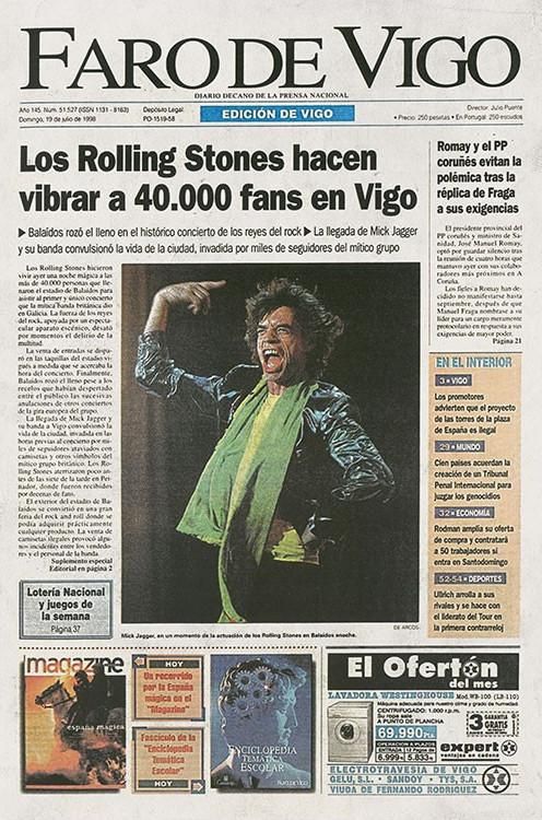 Portada del 19 de julio de 1998, día después del concierto de los Rolling en Balaídos.