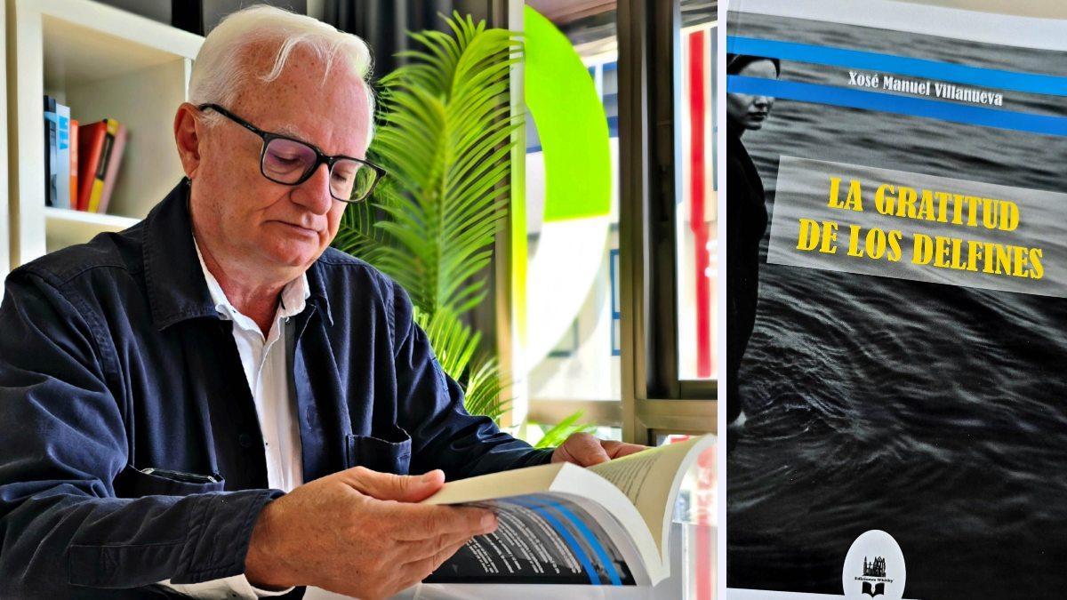 Xosé Manuel Villanueva, ex concejal de Santiago, y al lado: portada de su nueva novela.