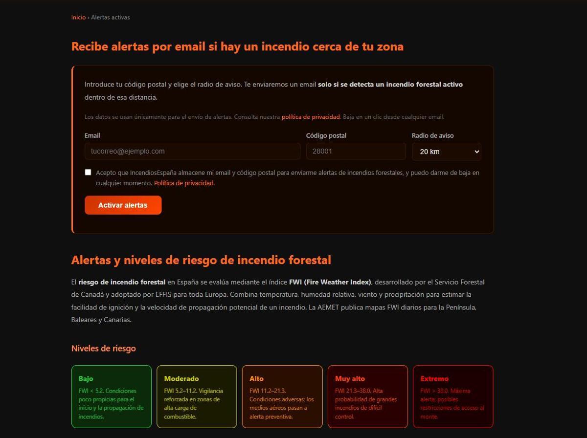 IncendiosEspaña permite configurar alertas para que nos avisen si hay un fuego cerca de nuestra casa