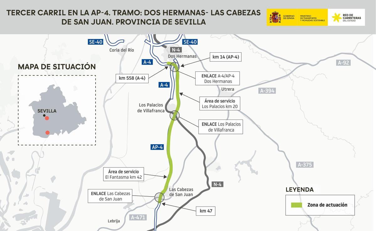 Proyecto del tercer carril en la AP-4, entre Dos Hermanas y Las Cabezas de San Juan.