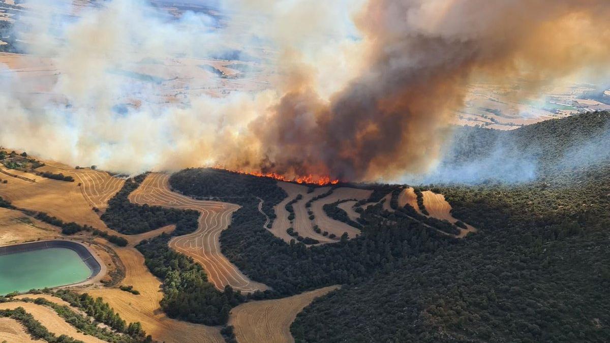 Imatge aèria d&#039;un foc de vegetació agrícola a Artesa de Segre