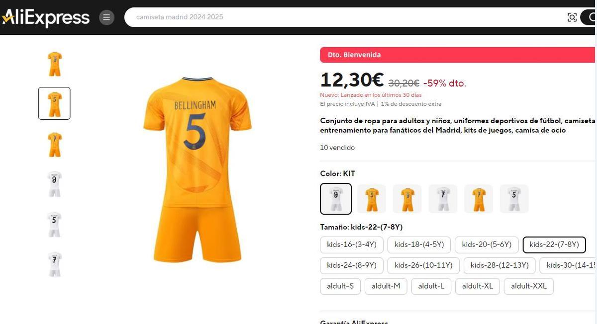 Camiseta 'Bellingham' falsificada, de venta en un popular portal comercial, a un precio diez veces inferior al de las auténticas