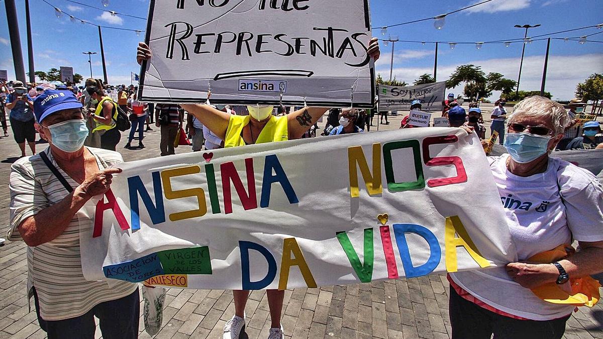 Usuarios de Ansina protestan delante de la puerta del Cabido por el cierre del programa de mayores.