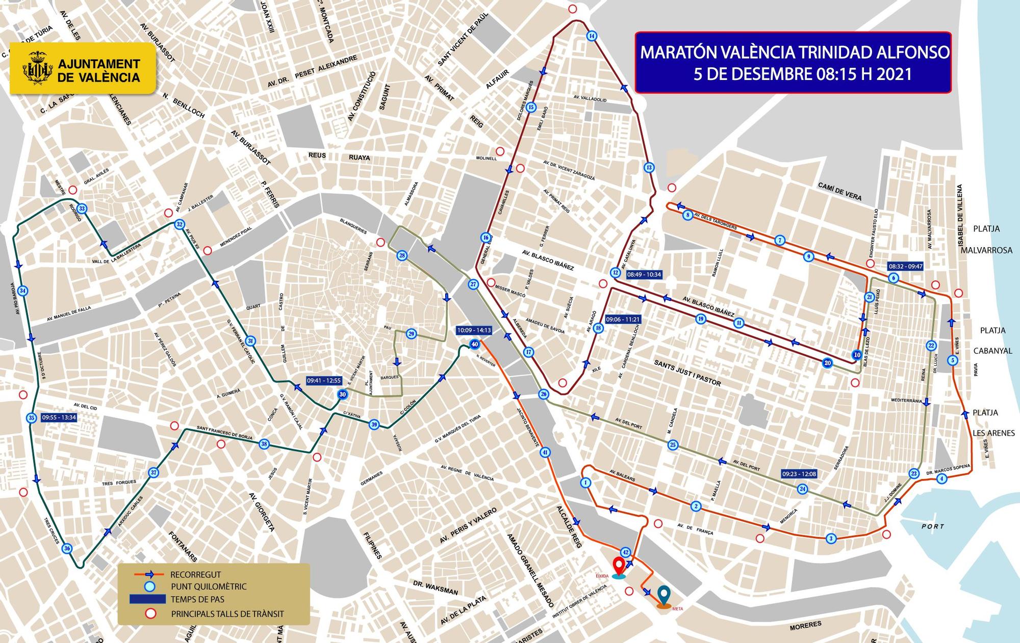 Cortes tráfico en València por el Maratón Valencia.