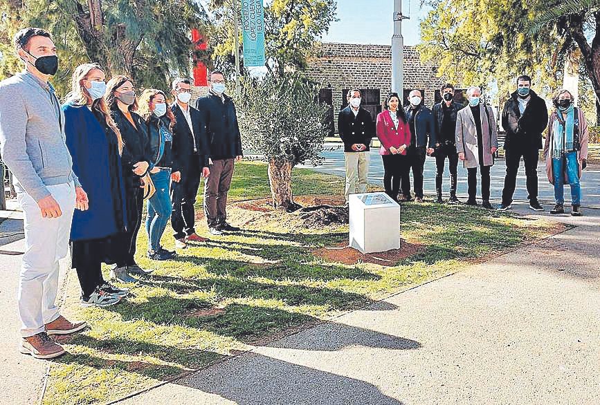 Autoridades y Comisión Ejecutiva AAVIB junto a la olivera y la placa conmemorativa.