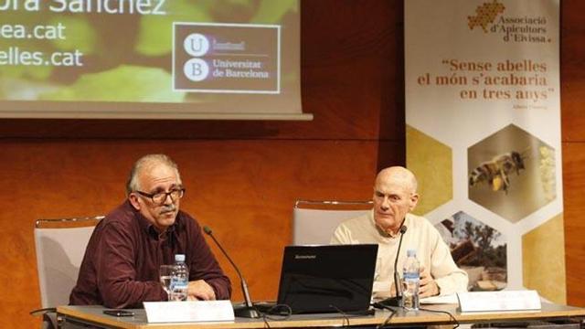 Jaume Cambra durante su exposición en el Club Diario. A la derecha, Antoni Escandell, presidente de la Asociación de Apicultores.