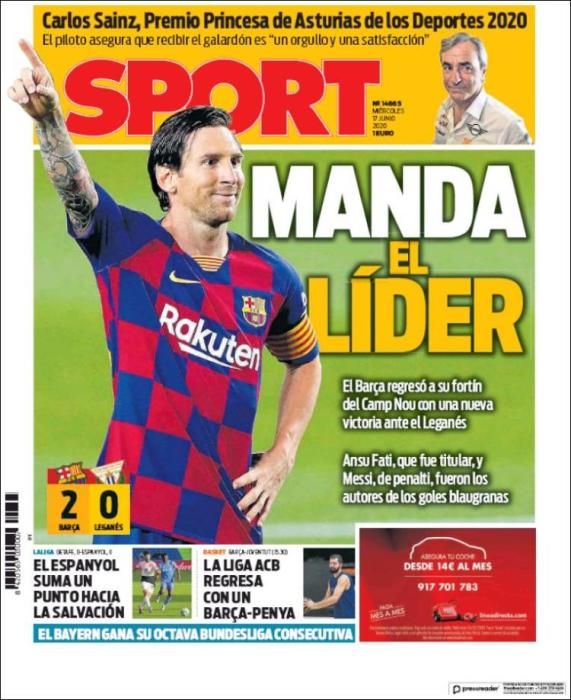 Portada SPORT  miércoles 17 junio 2020