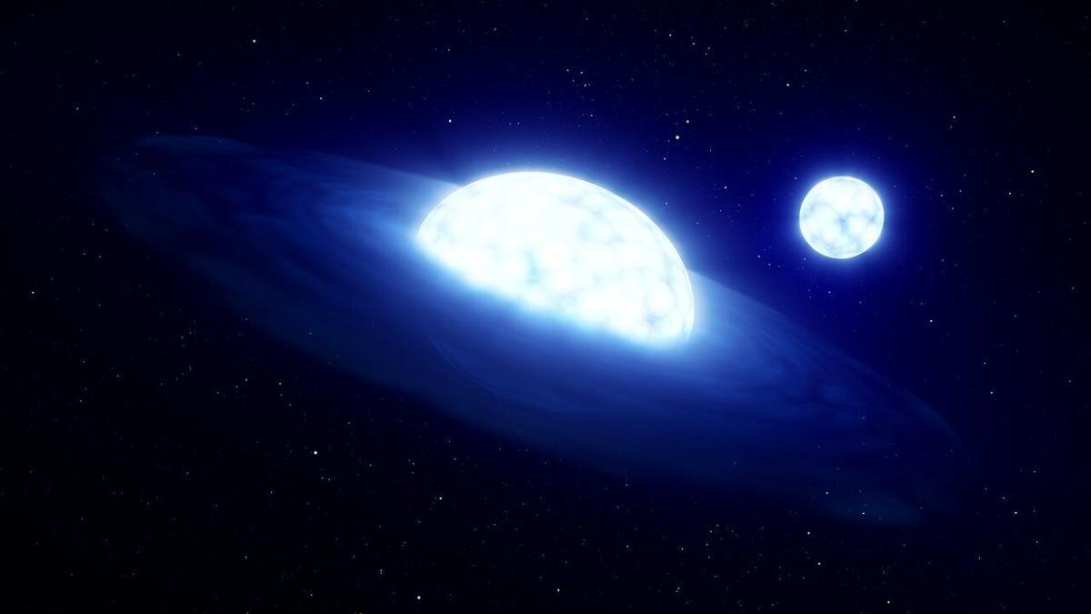 Recreación artística que muestra cómo podría ser realmente el sistema en el que se pensaba que había un agujero negro: contendría una estrella con un disco a su alrededor (primer plano) y otra estrella que ha sido despojada de su atmósfera (fondo).