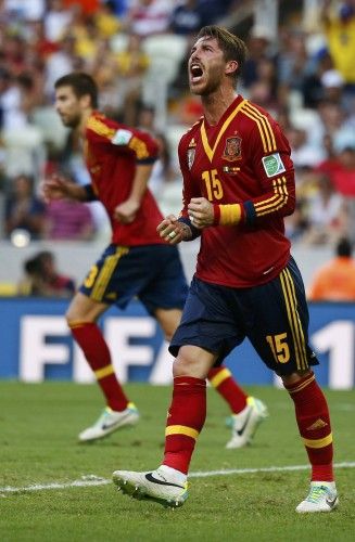 Spain's Ramos reacts after missing a scoring opportunity during their Confederations Cup Group B soccer match against Nigeria at the Estadio Castelao in Fortaleza