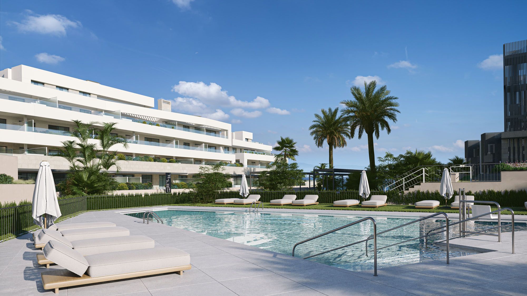 Espectacular piscina de la promoción Zenity Blau de AEDAS Homes en Estepona