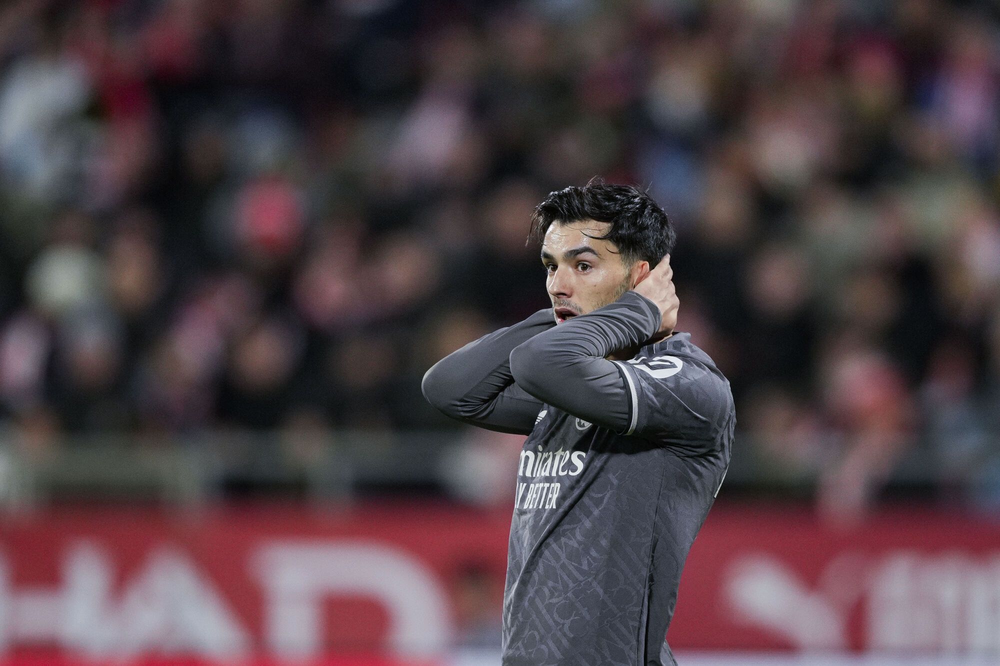 Real Madrid striker Brahim Diaz reacts during LaLiga EA Sports matchday 19 between Girona FC and Real Madrid at the Montilivi stadium in Girona, Spain, 7 December 2024. EFE/ Alejandro Garcia