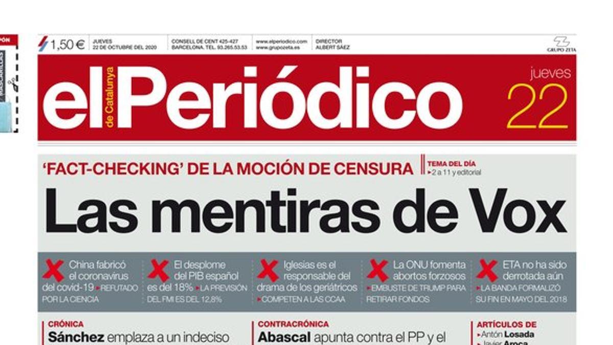 La portada de EL PERIÓDICO del 22 de octubre del 2020.