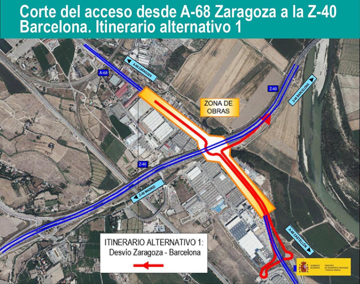 Corte del acceso desde A-68 Zaragoza a la Z-40 Barcelona. Itinerario alternativo 1.