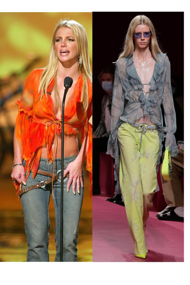 Britney Spears con blusa y vaqueros inspiracion desfile Blumarine primavera verano 2022