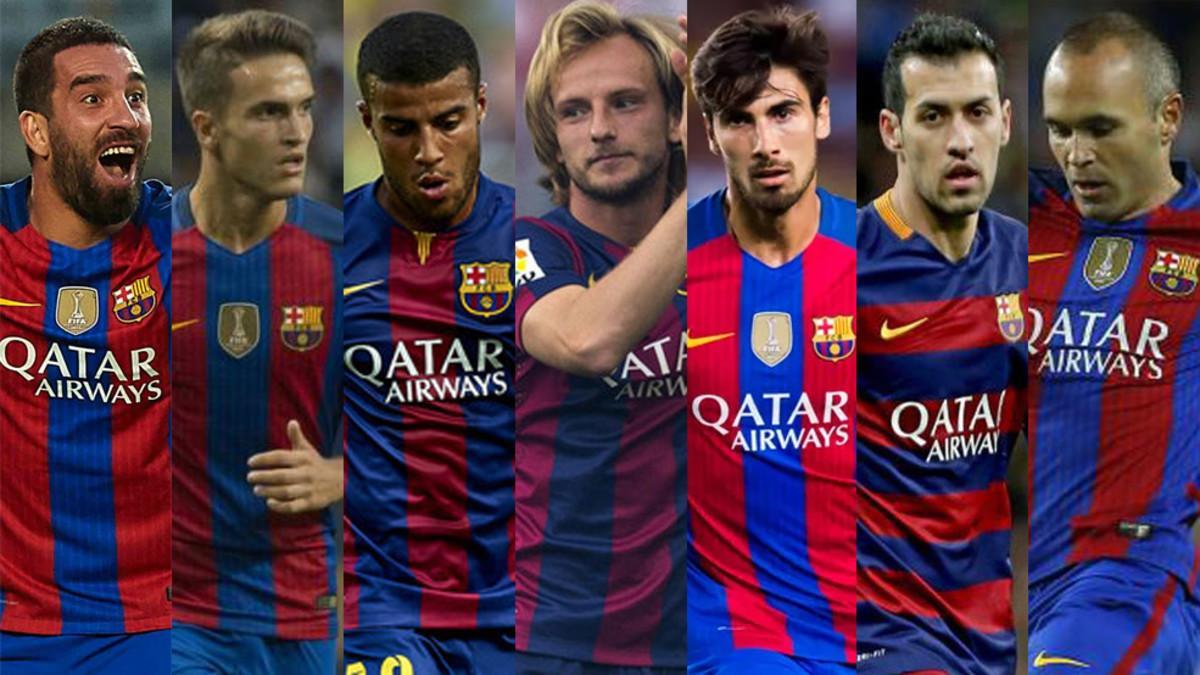 Arda Turan, Denis Suárez, Rafinha, Rakitic, André Gomes, Busquets e Iniesta