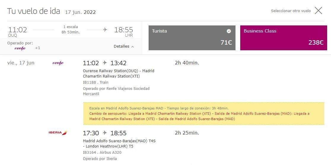 Ejemplo de un vuelo Ourense-Londres combinado con Renfe que comercializa ya Iberia en su web.