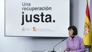 Diana Morant, ministra de Ciencia e Innnovación, durante una comparecencia de prensa. 