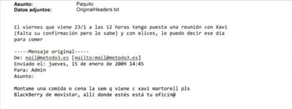 Un dels correus electrònics de Método 3 en què apareix una menció de Martorell.