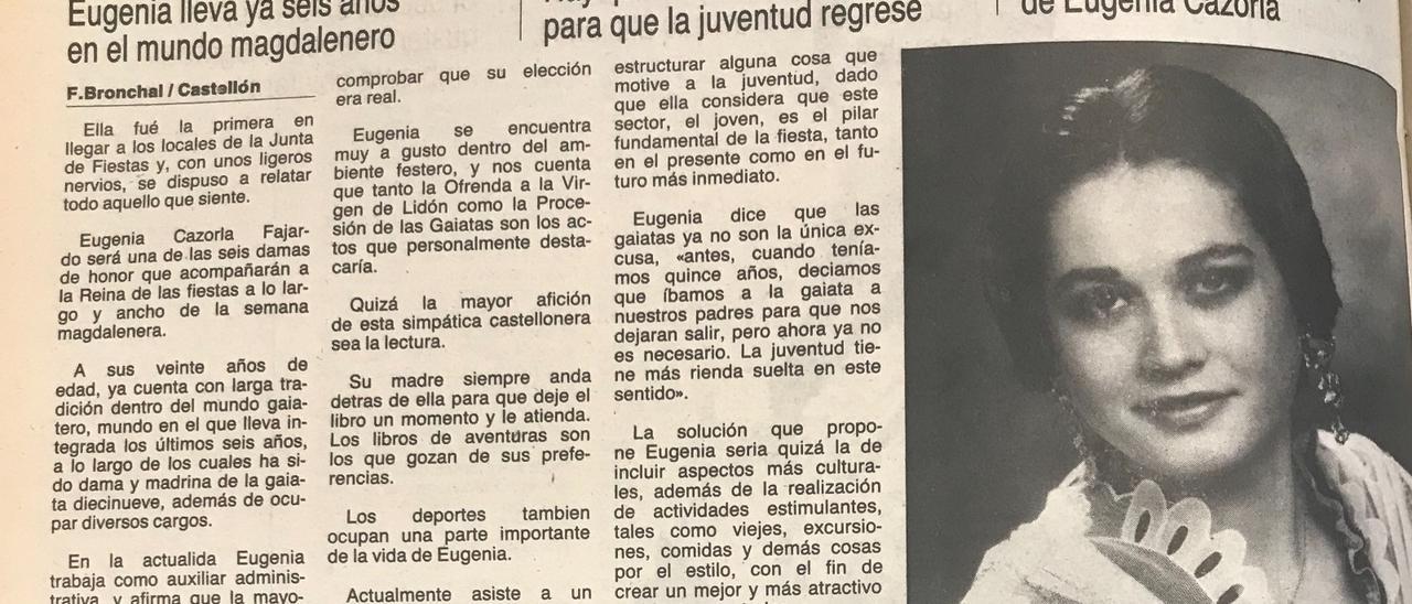 Pñagina de &#039;Mediterráneo&#039; que refleja la elección de Eugenia Cazorla como dama de la Ciudad en 1990.