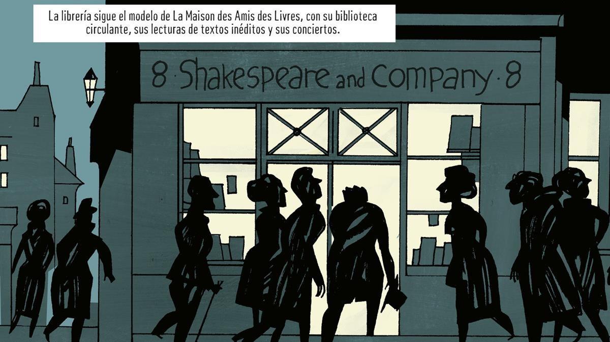 Viñeta de 'Warburg &amp; Beach', con la librería Shakespeare &amp; Co.