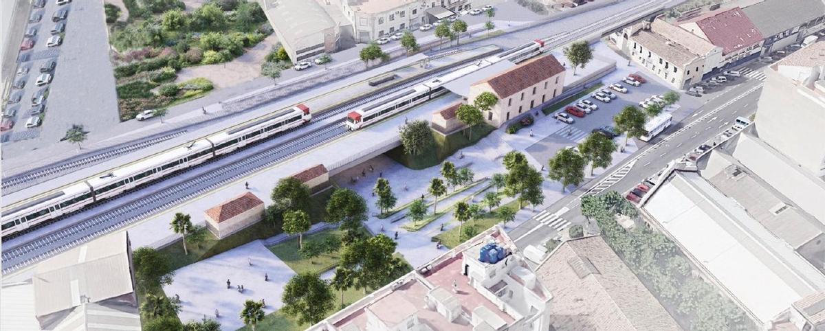 Imagen virtual y aérea de cómo quedará el entorno de la estación con la construcción del prioritario paso inferior que conecta las zonas oeste y este de la línea férrea.