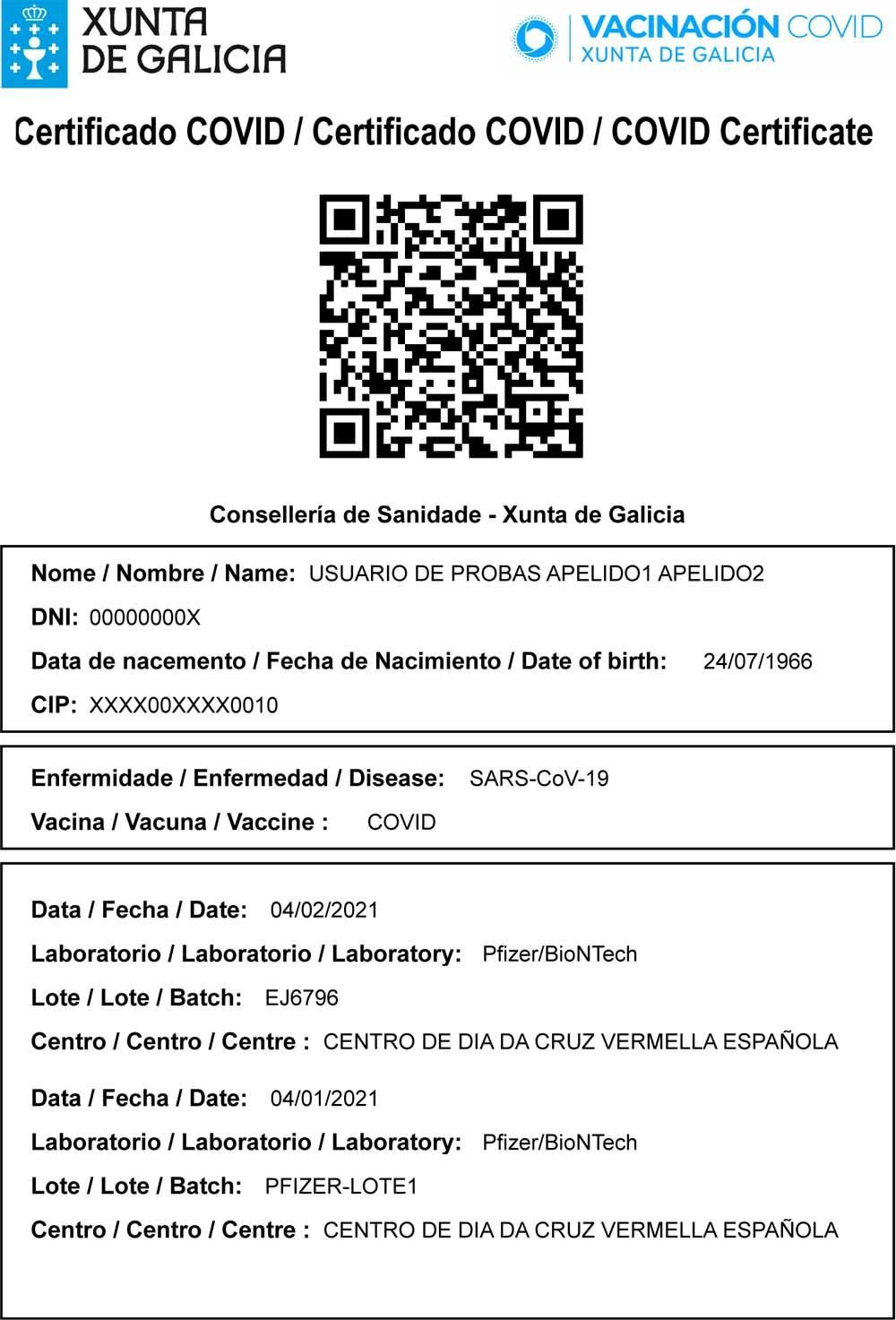 Modelo del certificado de vacunación COVID en Galicia.