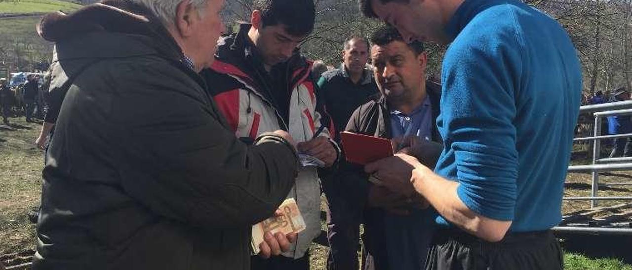 El tratante de Álava José María Arbide, con un fajo de billetes en la mano, cierra un trato en el Castañéu de Corao, en Cangas de Onís.