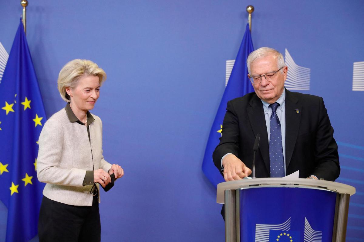 High Representative of the European Union for Foreign Affairs and Security Policy Josep Borrell and European Commission President Ursula von der Leyen address the media, in Brussels