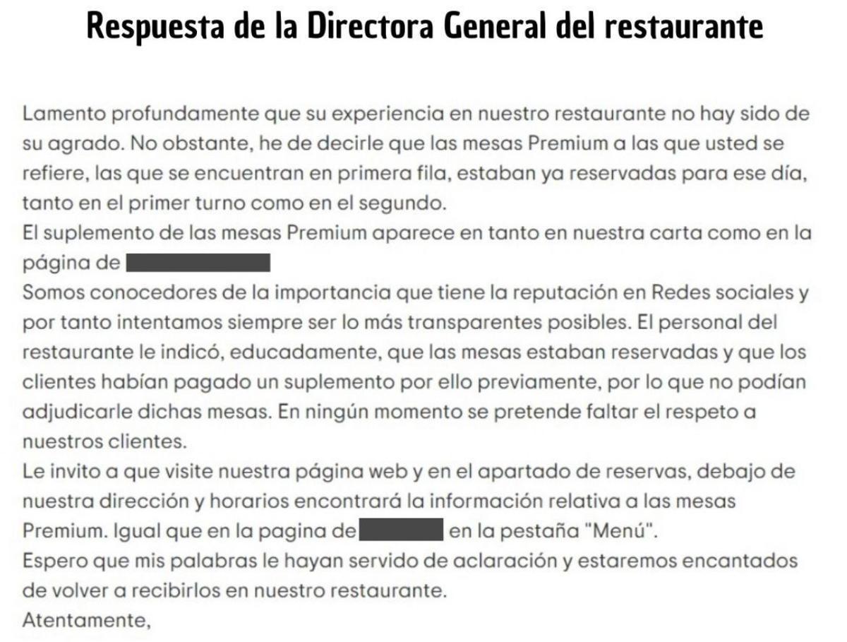 Respuesta de la Directora General del restaurante.