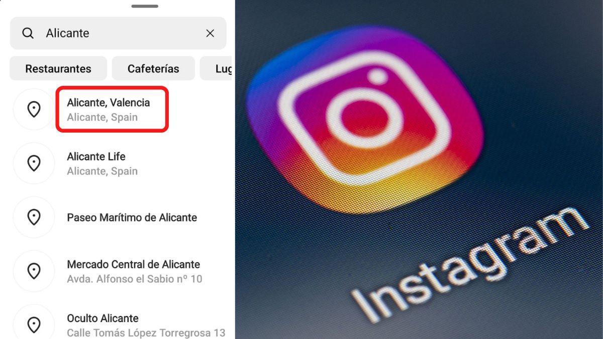 Captura de pantalla del listado de ubicaciones de Instagram, en el que aparece la localización de &quot;Alicante, Valencia&quot;