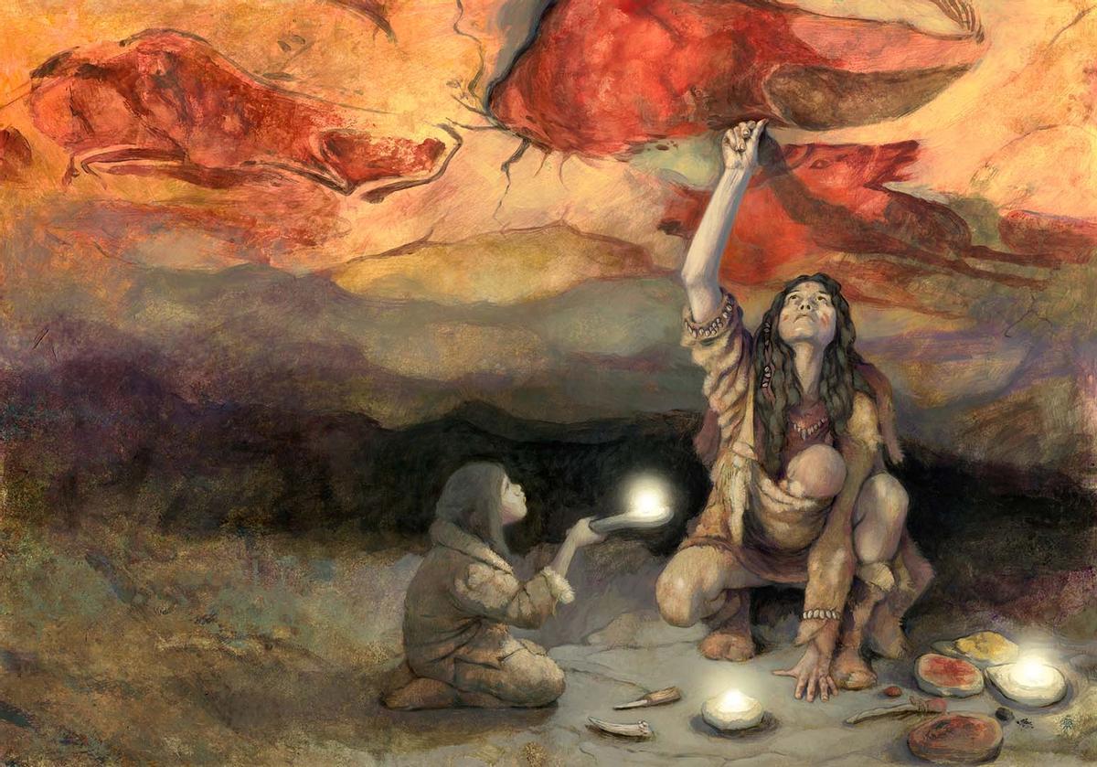 Recreación artística de cómo se hicieron las pinturas de Altamira, inspirada en la teoría de que pudieron ser obra de mujeres.