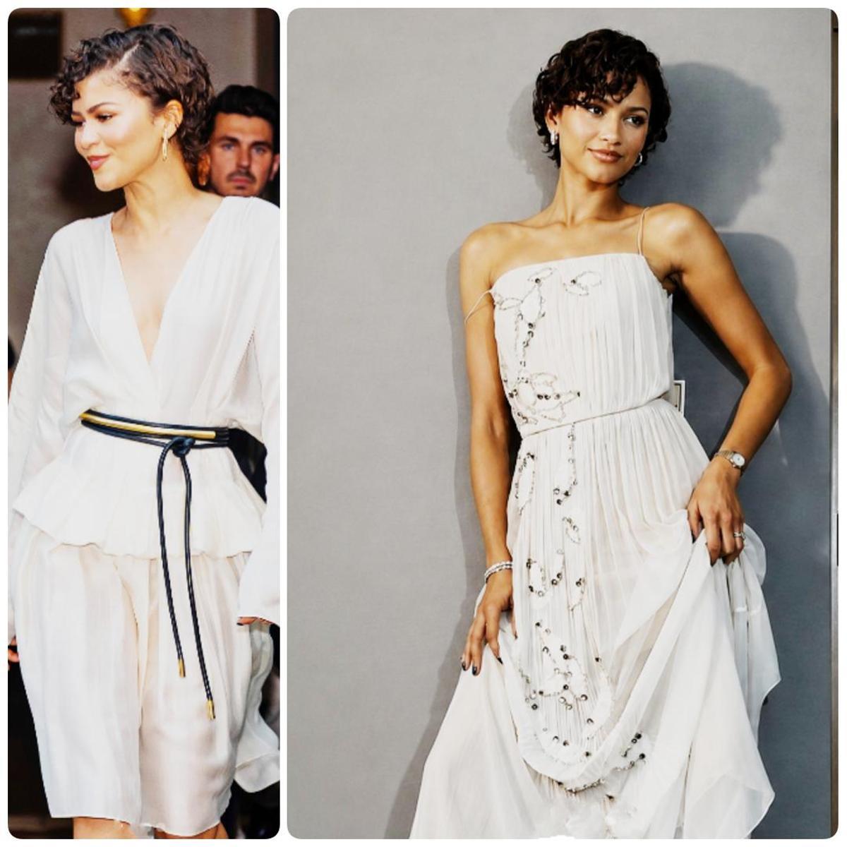 Zendaya, con un dos piezas marfil de Khaite Resort 2027: blusa drapeada, falda semitransparente. Y con un archivo de Trussardi primavera-verano 2006 (derecha).