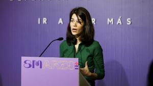 Isa Serra, portavoz de Podemos, durante la rueda de prensa ofrecida en la sede del partido, en Madrid, este 7 de marzo de 2022.