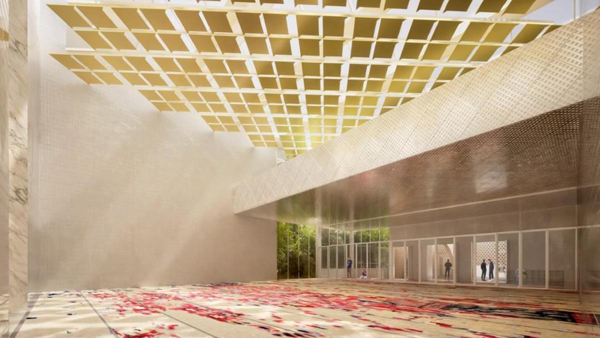 Vista del interior del espacio, zona de atrio y falso techo descolgado del Centro Cultural Islámico en Sevilla