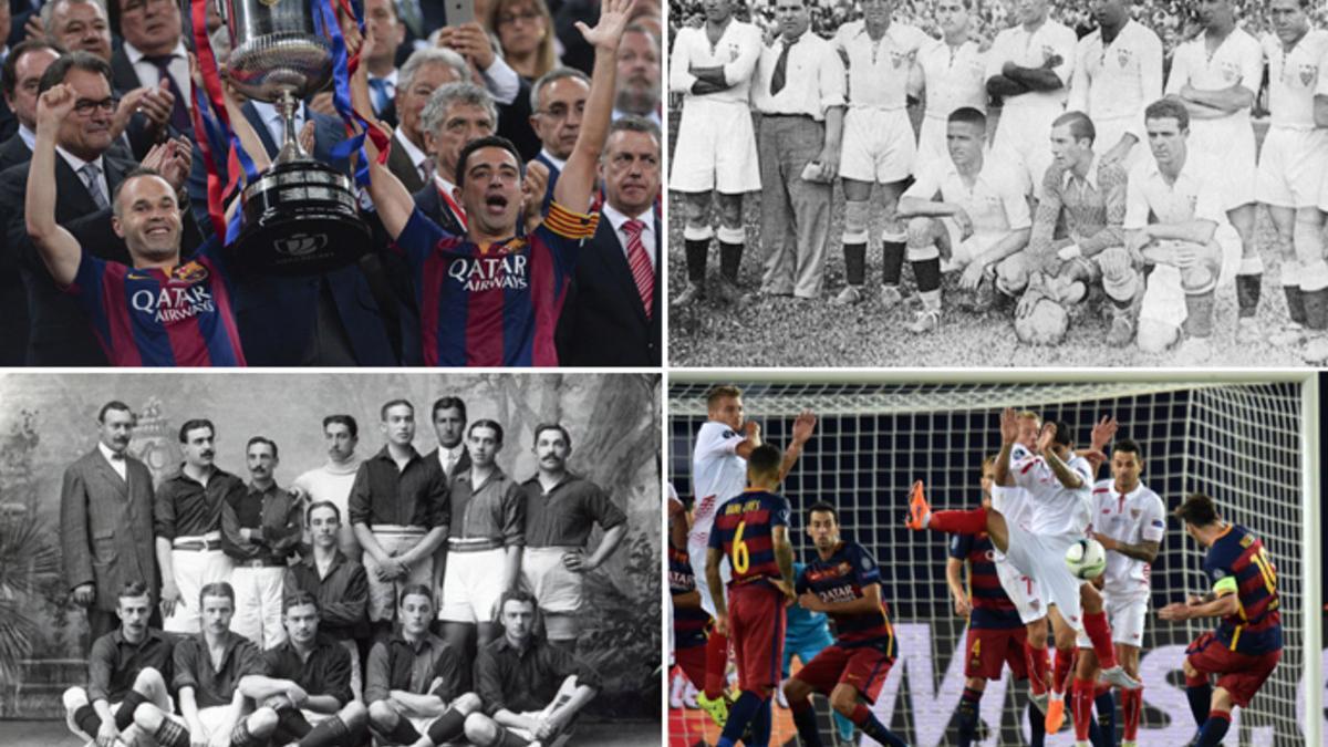 Iniesta y Xavi con la Copa 2015; el Sevilla campeón en 1935; el Barça campeón en 1910; y un momento de la final de la Supercopa de Europa 2015 entre el Barça y el Sevilla
