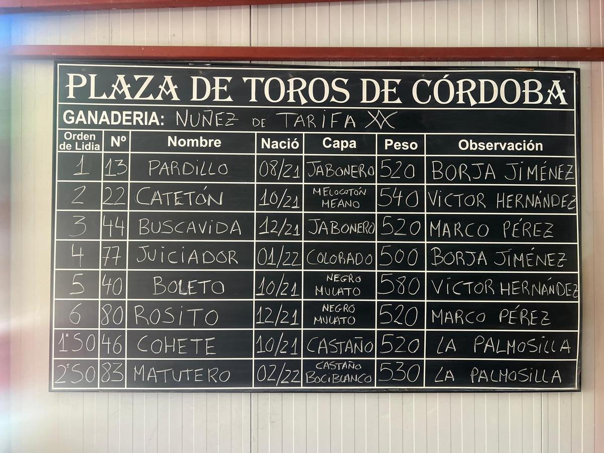 Tablilla del sorteo con los toros que se lidiarán esta tarde en la plaza de Los Califas de Córdoba.