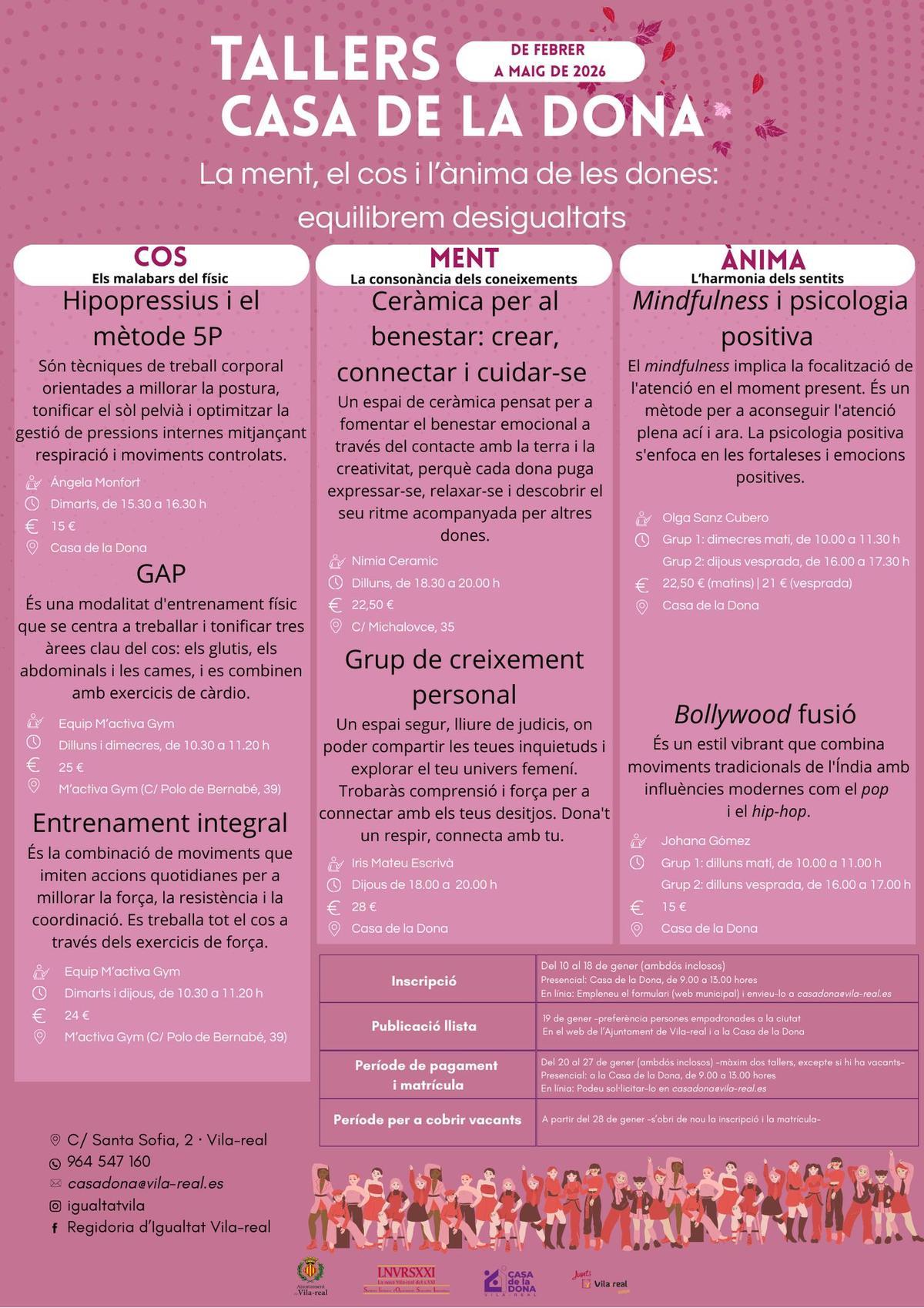 Cartel con las actividades de la Casa de la Dona de Vila-real de febrero a mayo de este año.