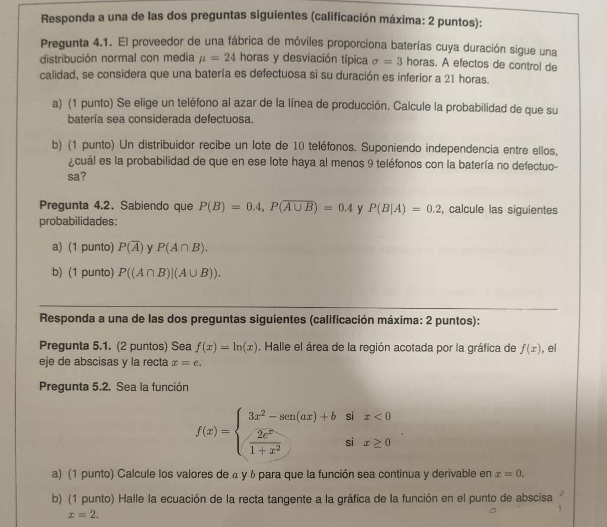 Bloques 2 y 3 del examen de PAU 2026 de Matemáticas II en Madrid