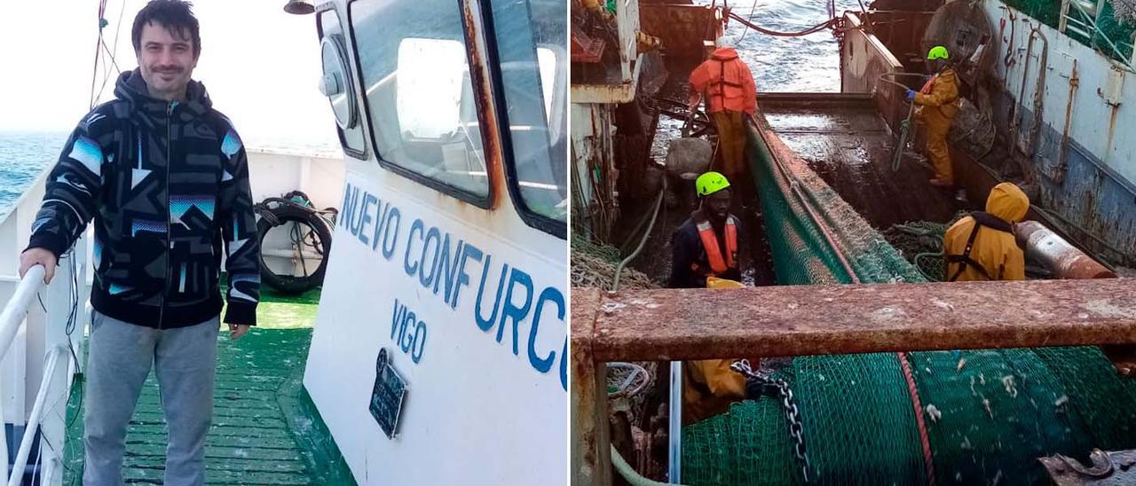 Lolo Sotelo, a bordo del Nuevo Confurco que faena estos días en el Gran Sol. Y tripulación trabajando en el barco.