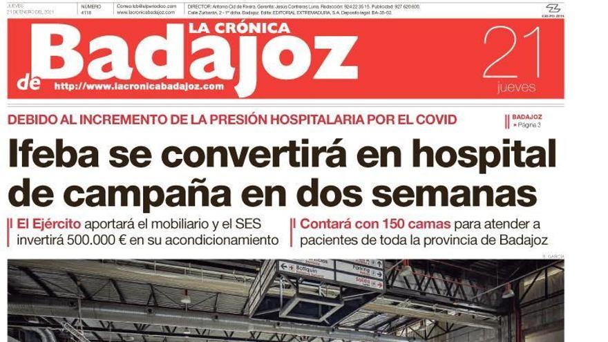 Esta es la portada de LA CRÓNICA DE BADAJOZ correspondiente al día 21 de enero del 2021