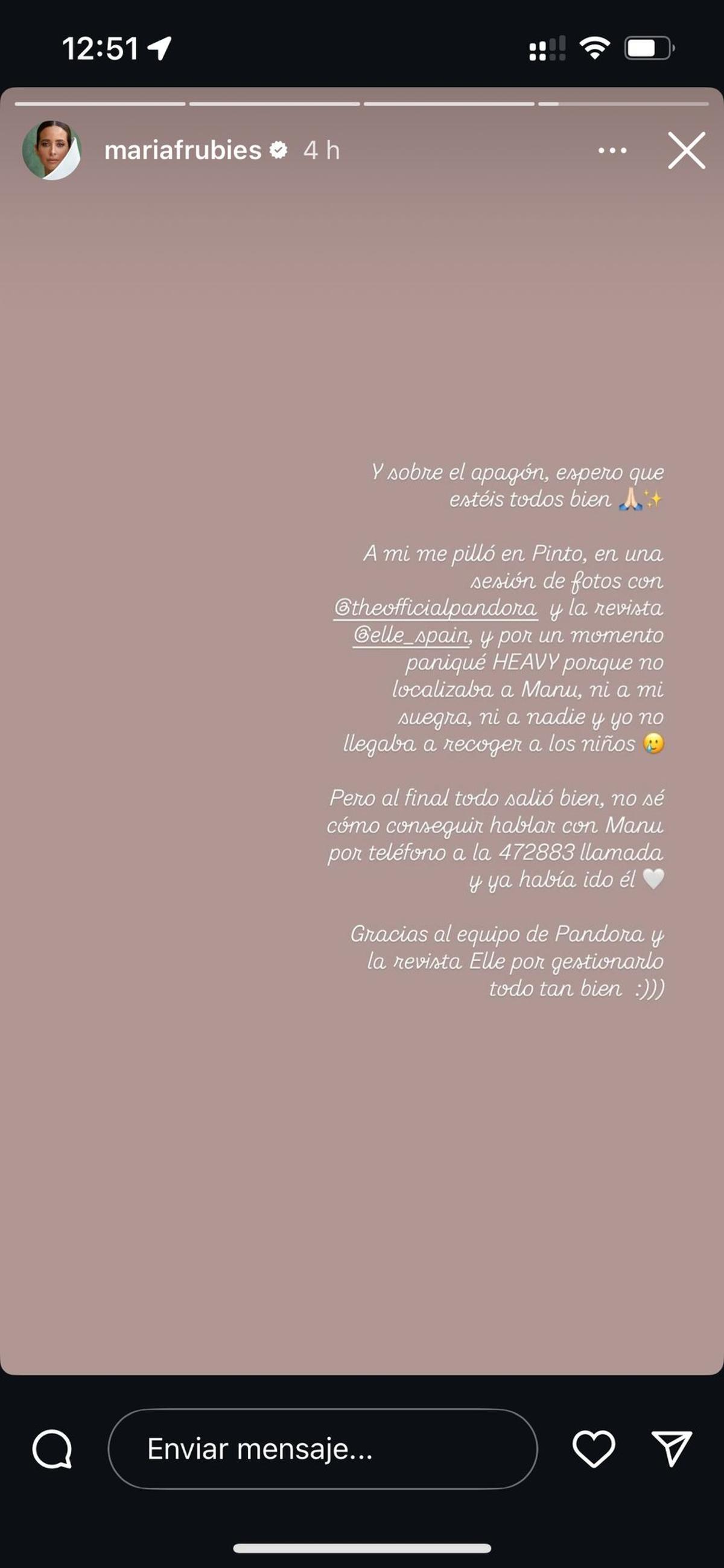 Historia de Instagram de María Frubies.