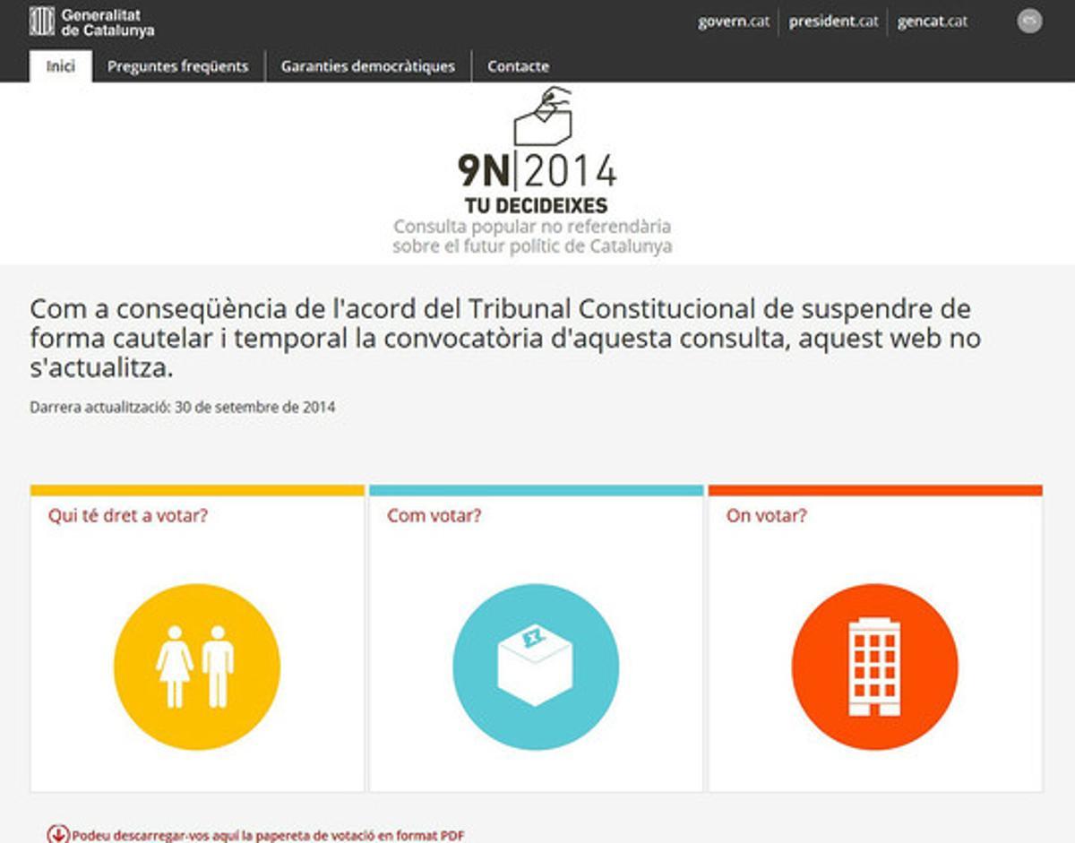 Missatge a la web de la consulta en què es pot llegir que el portal ja no s’actualitza després de la suspensió ordenada pel TC. Missatge a la web de la consulta en què es pot llegir que el portal ja no s’actualitza després de la suspensió ordenada pel TC.