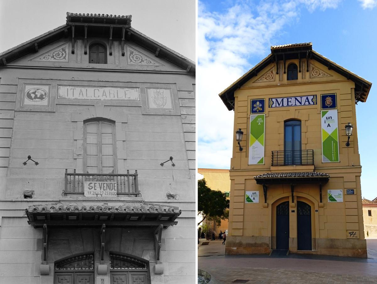 Montaje de fotos con el edificio de Italcable en 1974 y el cartel de 'Se vende' y a la derecha en la actualidad, 2024.