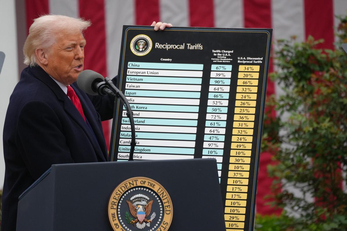 02 April 2025, US, Washington: US President Donald Trump holds a tariffs poster as he signs two executive orders that will lead to reciprocal tariffs against other countries that charge tariffs on US goods, in the Rose Garden of the White House. Trump ann
