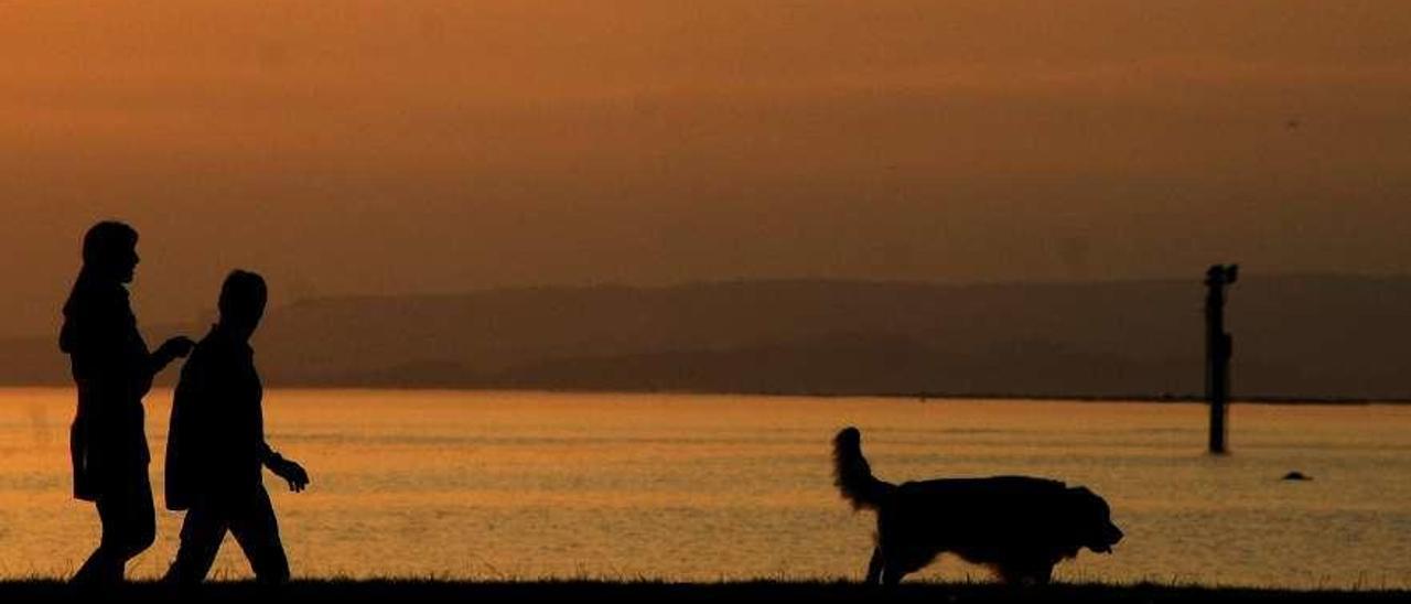 Una pareja pasea por la playa de A Concha-Compostela, en Vilagarcía. // Iñaki Abella