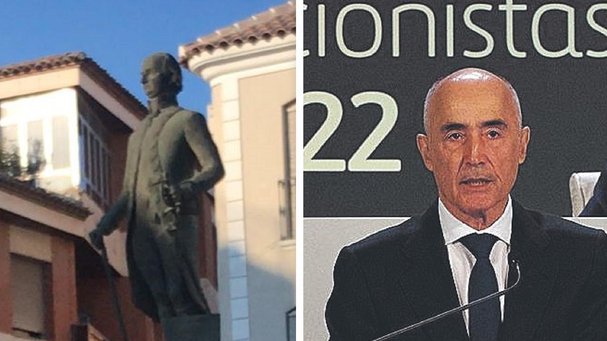 Monumento en Baena a Joaquín del Pino, antepasado del presidente de Ferrovial, Rafael del Pino, a la derecha.