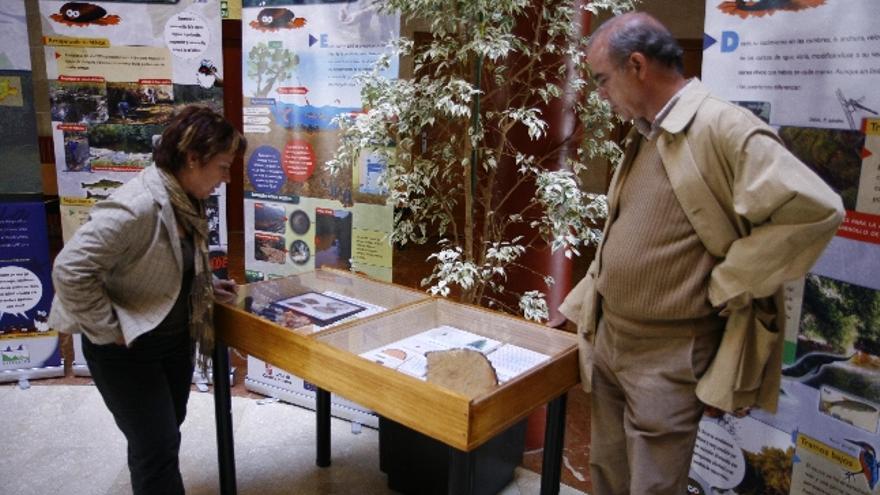 La directora del Campus, Margarita Morán, y el profesor Angel Vaquero, visitan la exposición sobre el mejillón de río zamorano